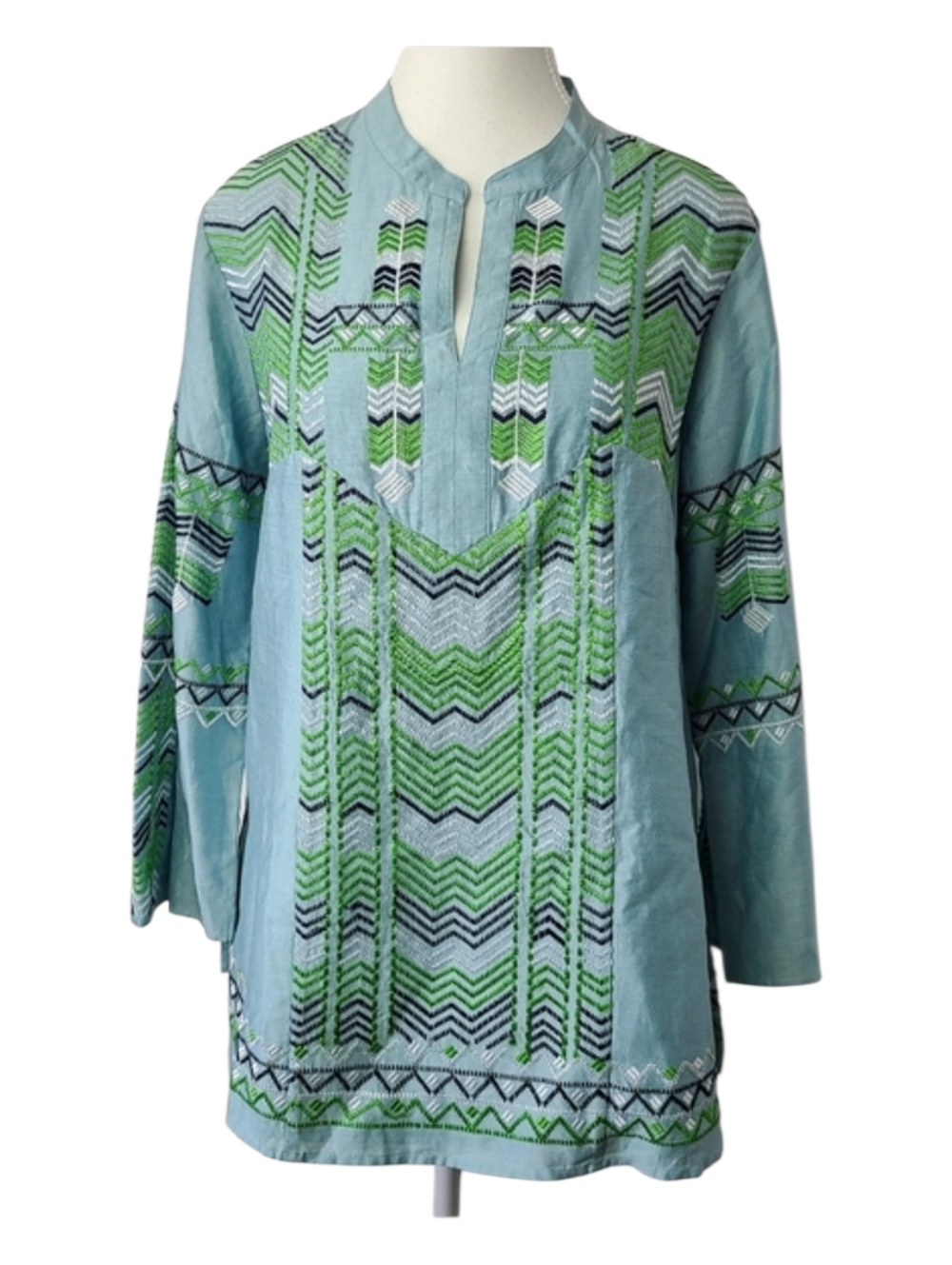 British India Light Blue Embroidered Silk Blend Tunic Blouse Womens M Sz 9 Boho